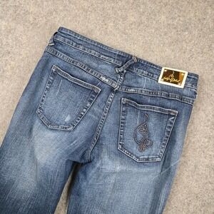 Y2K Baby Phat Flare Jeans Womens 11 Blue Faded Denim Cat Gold Stretch Embrodered